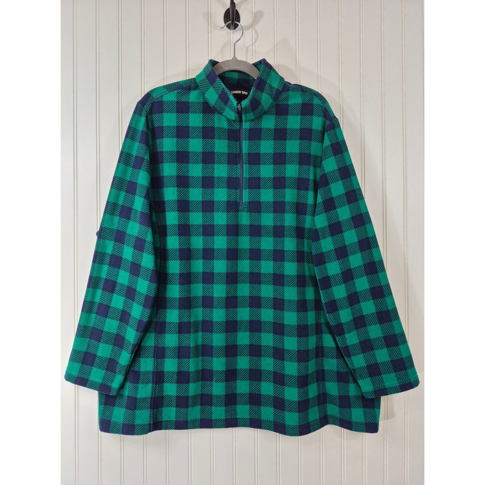 Lands End Women 2X Green Navy Buffalo Check Fleece 1/4 Zip Pullover Top Outdoor